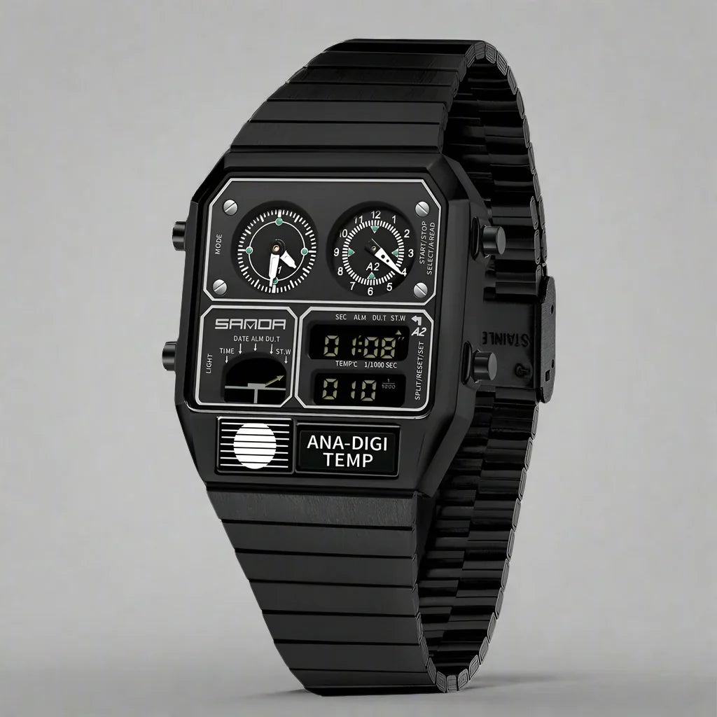 Fashionable men's retro timepiece. Dual display analog-digital watch, metal bracelet, water resistant design.