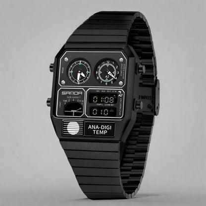 Fashionable men's retro timepiece. Dual display analog-digital watch, metal bracelet, water resistant design.