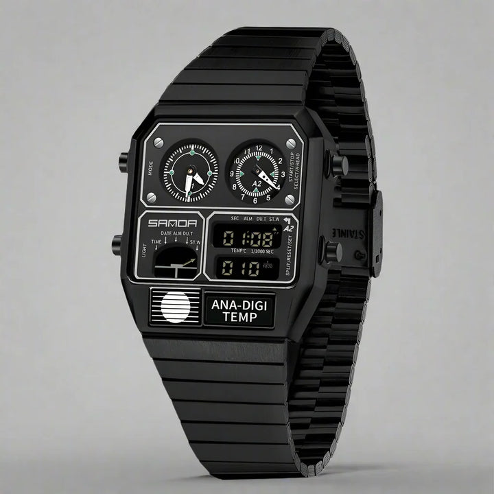 Fashionable men's retro timepiece. Dual display analog-digital watch, metal bracelet, water resistant design.
