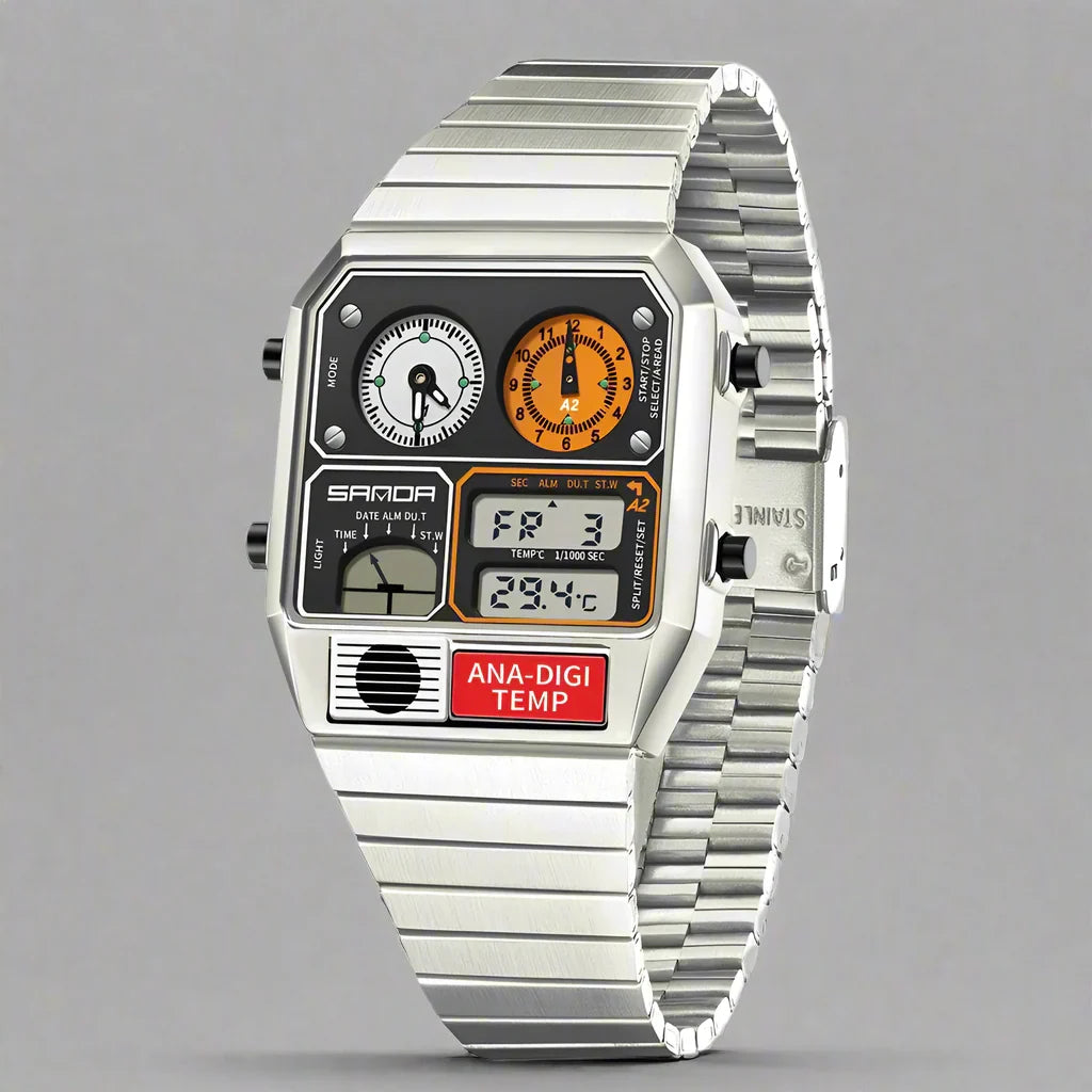 Men's water-resistant analog-digital watch. Retro style, dual display, temperature monitor, metal bracelet.