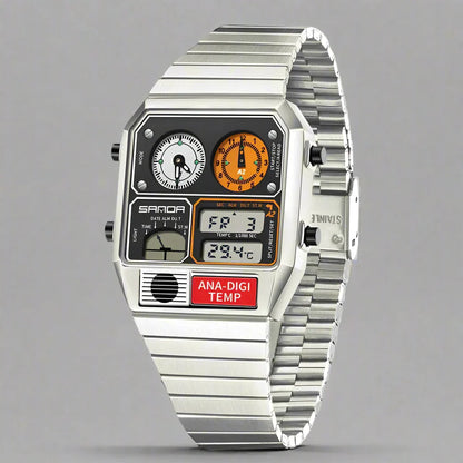 Men's water-resistant analog-digital watch. Retro style, dual display, temperature monitor, metal bracelet.