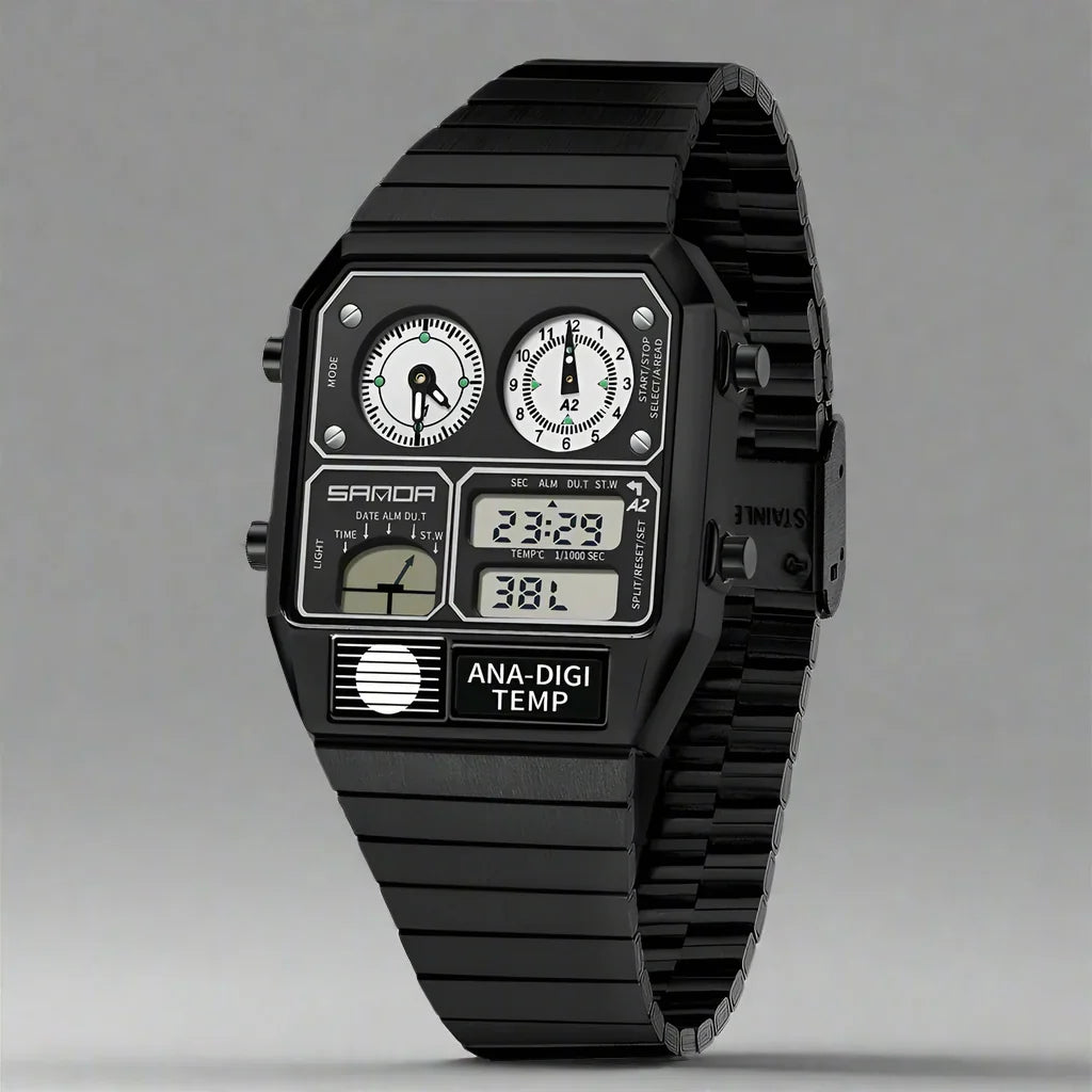 Classic men's retro dual display analog-digital watch. Illuminated dial, metal band, perfect men's accessory.