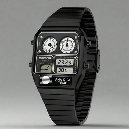 Classic men's retro dual display analog-digital watch. Illuminated dial, metal band, perfect men's accessory.