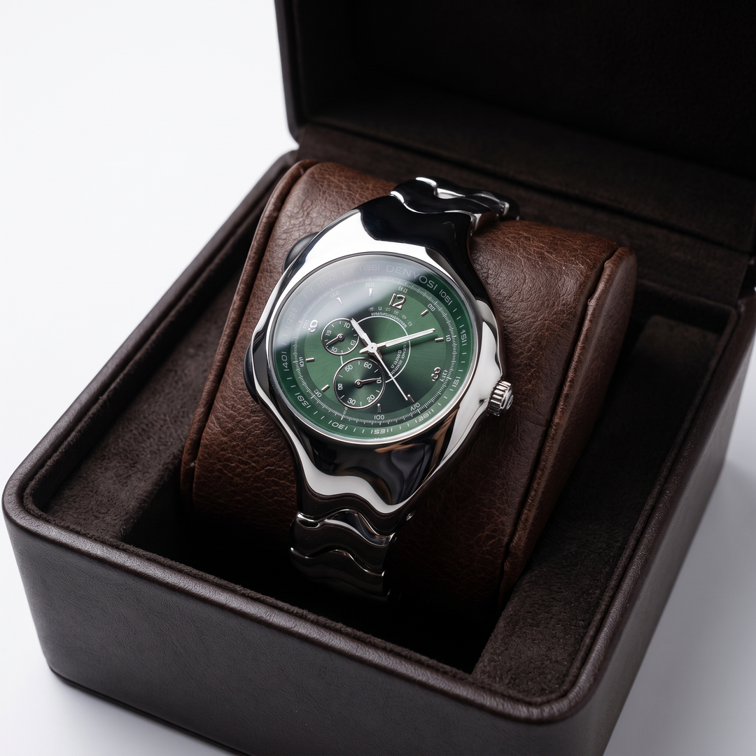 Close-up of a men's retro oval quartz watch, featuring a bright luminous dial & vintage aesthetic.