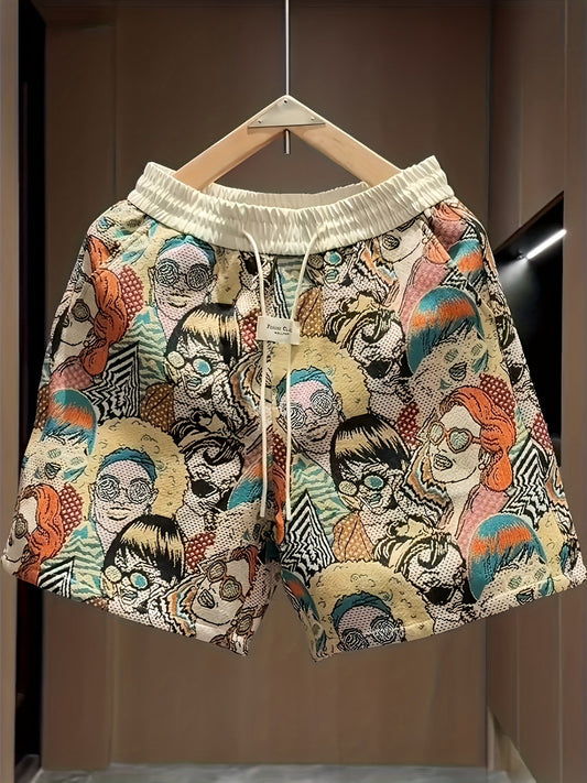 Men's retro pop art print shorts, vibrant graphic casual wear with drawstring, perfect for summer bold style.
