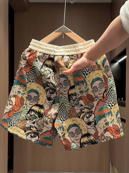 Vibrant men's pop art graphic print shorts, unique retro style casual wear with a relaxed fit and drawstring.