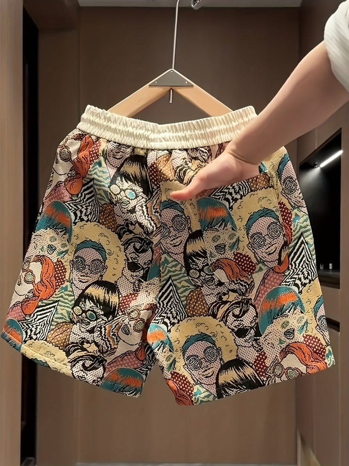 Vibrant men's pop art graphic print shorts, unique retro style casual wear with a relaxed fit and drawstring.