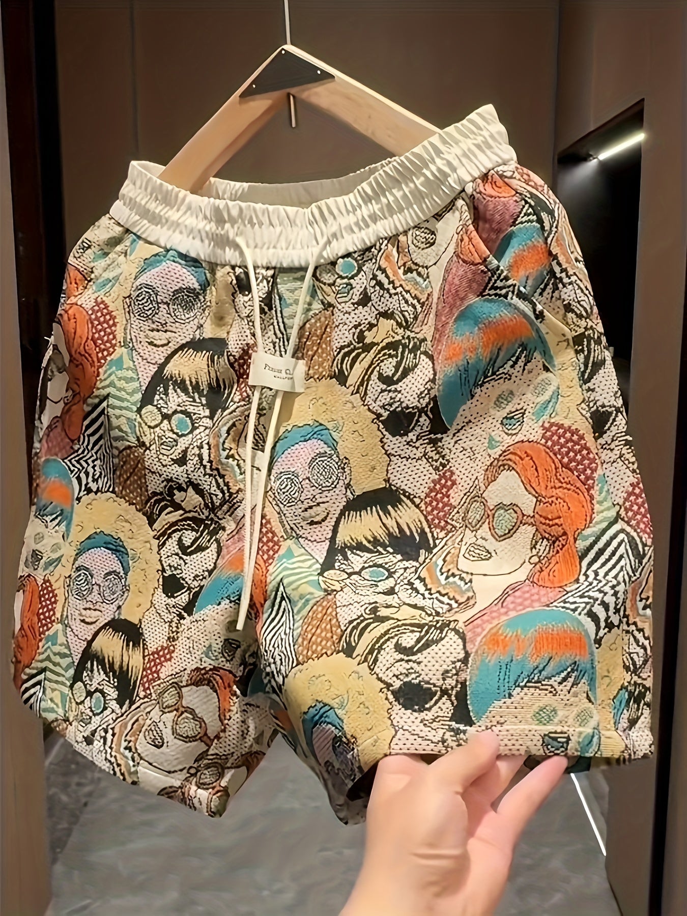 Men's summer pop art print shorts, stain resistant graphic retro style for casual, bold, and vibrant fashion.