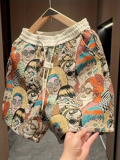 Men's summer pop art print shorts, stain resistant graphic retro style for casual, bold, and vibrant fashion.