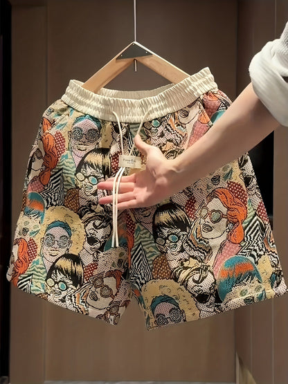 Bold men's pop art graphic print shorts, retro design with a comfortable drawstring for unique summer casual wear.