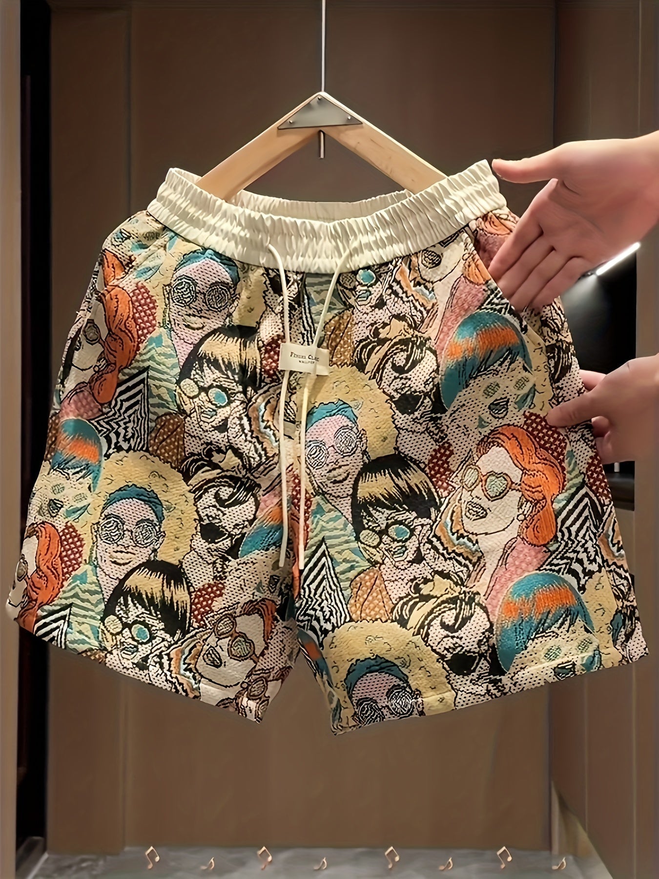 Men's vibrant retro pop art graphic print shorts, perfect for bold summer casual wear with a relaxed fit.