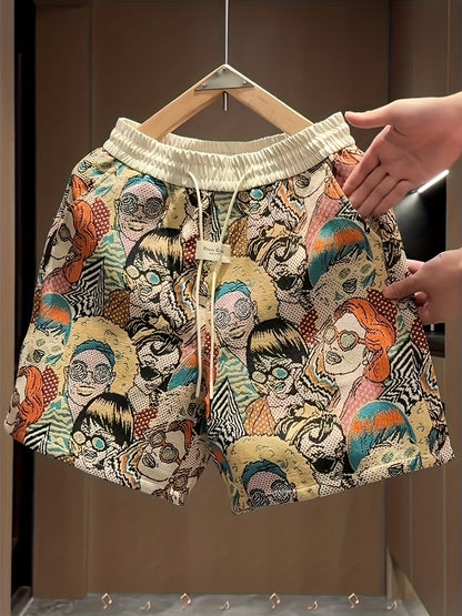 Men's vibrant retro pop art graphic print shorts, perfect for bold summer casual wear with a relaxed fit.