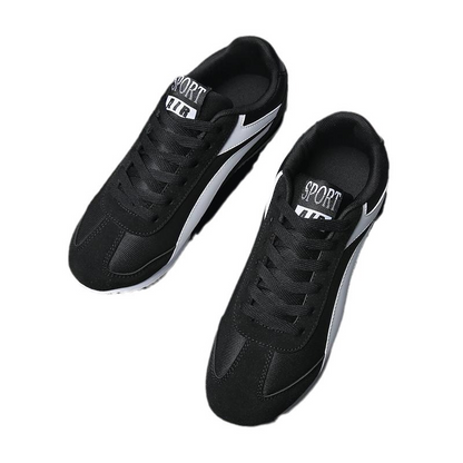 Timeless white & black retro men's sneakers, stylish everyday footwear.