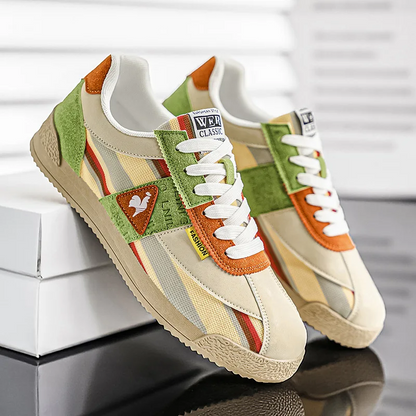 Men's retro track sneakers in colorful 80s style for dynamic urban streetwear.