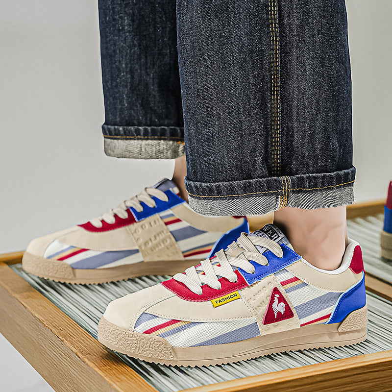 Men's 80s retro track sneakers, vibrant colors and low-cut design for modern street style.