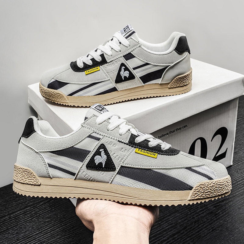 Retro men's low-cut sneakers for street style, 80s track design, comfortable and vibrant.