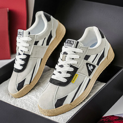Men's colorful fashion sneakers, retro 80s track style, grooved sole for urban adventures.