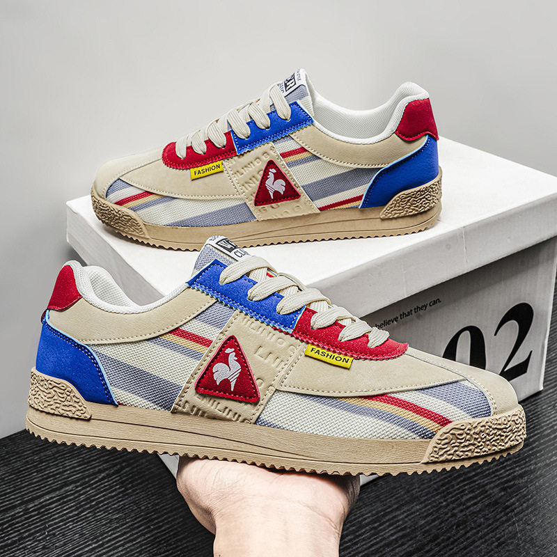 Colorful men's retro sneakers, low-cut track design for dynamic 80s streetwear appeal.