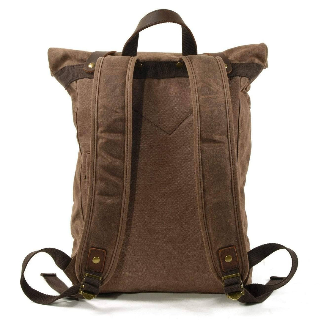 Close-up of retro outdoor survival shoulder backpack with waterproof features