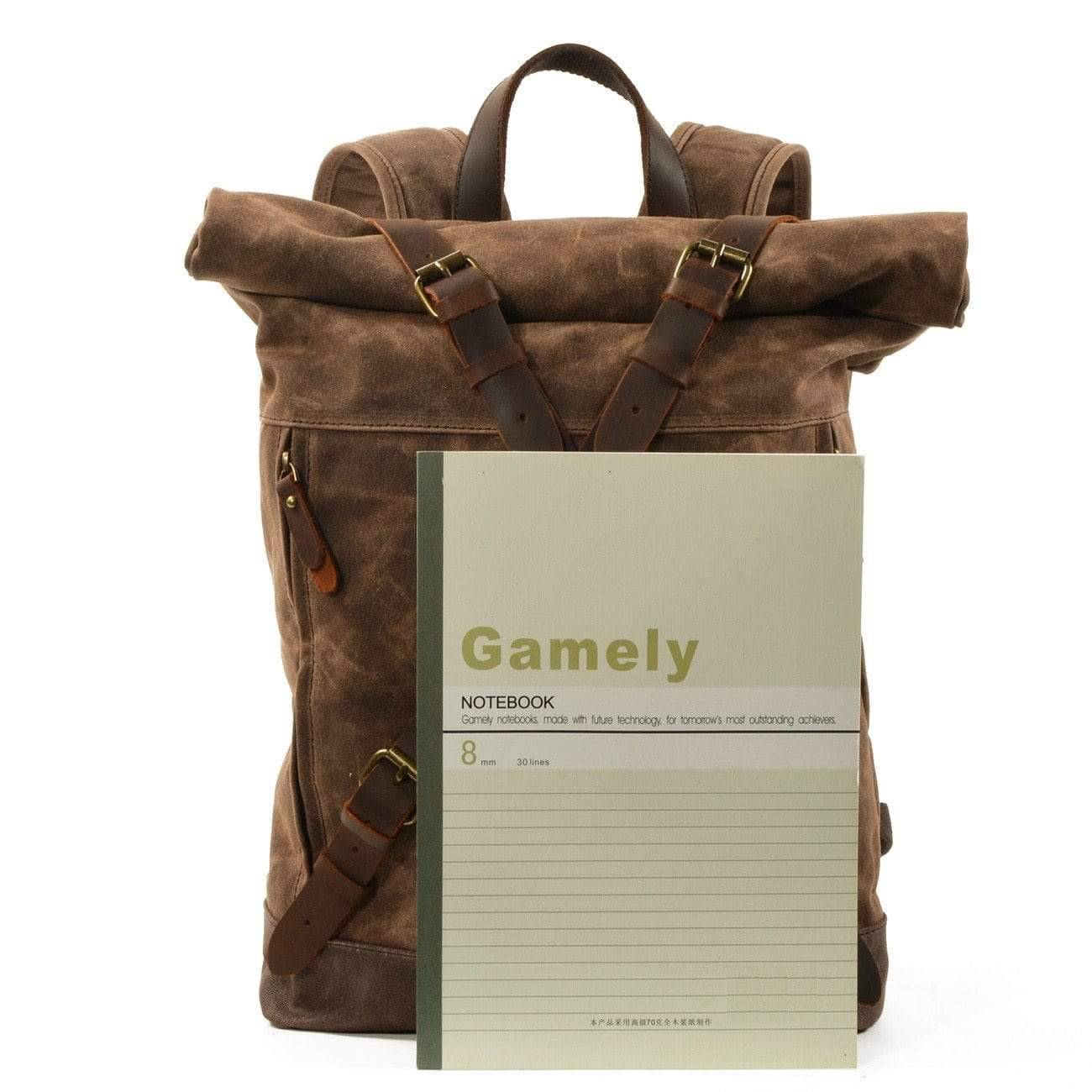 Vintage style men's waterproof hiking backpack showing adjustable shoulder straps