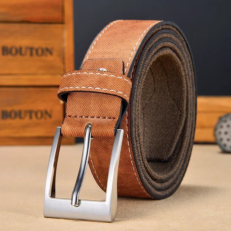 Detailed view of the denim texture on a men's reversible belt, highlighting quality and craftsmanship.