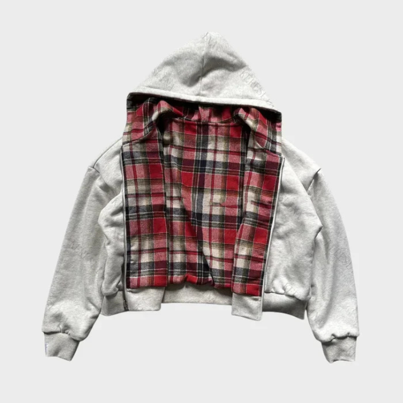 Comfortable men's reversible oversized hoodie. Features a stylish checked pattern on one side, solid color on reverse.