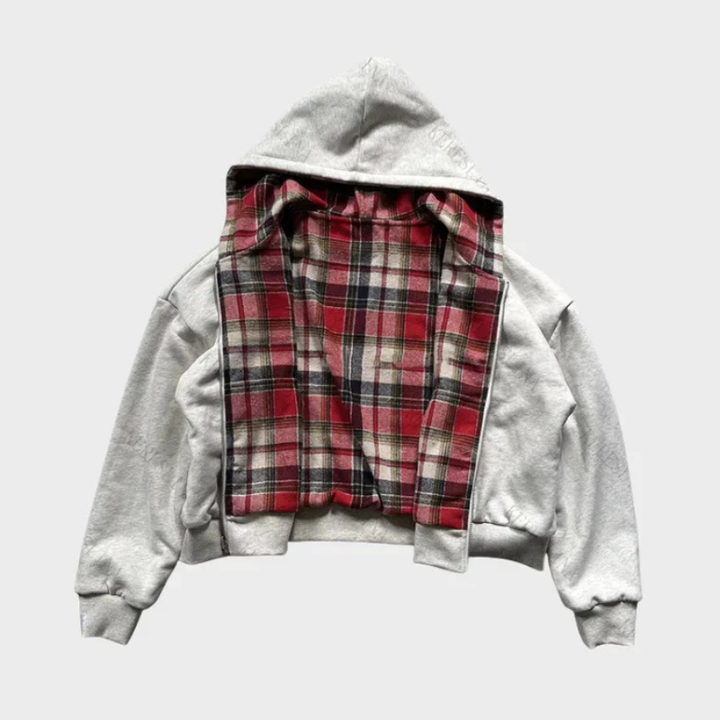 Comfortable men's reversible oversized hoodie. Features a stylish checked pattern on one side, solid color on reverse.