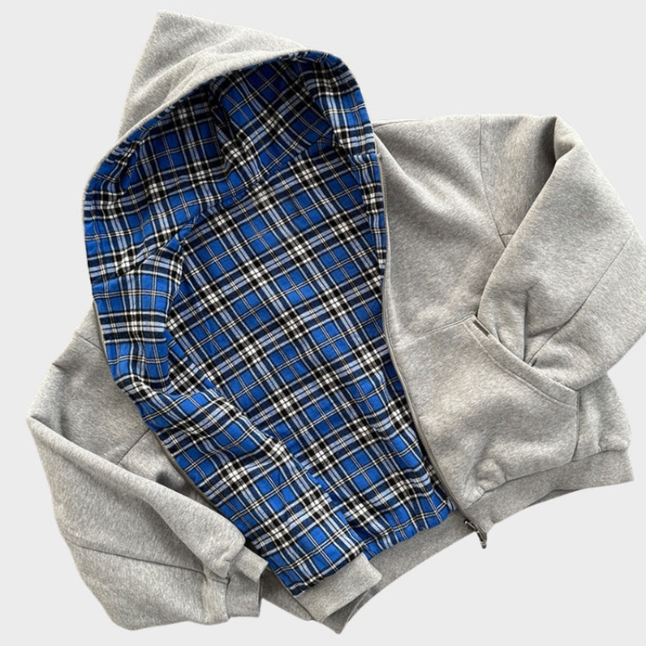Josh men's reversible oversized hoodie. One side features a stylish checked pattern, the other is solid black.