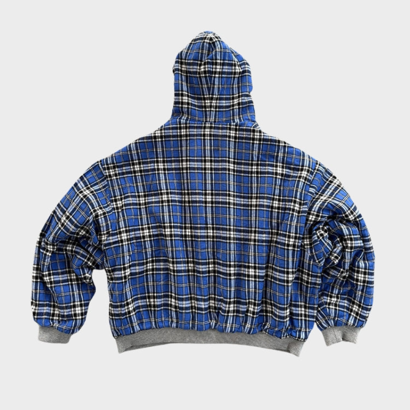 Dynamic men's reversible oversized hoodie with checked pattern & solid reverse. Perfect for versatile casual outfits.