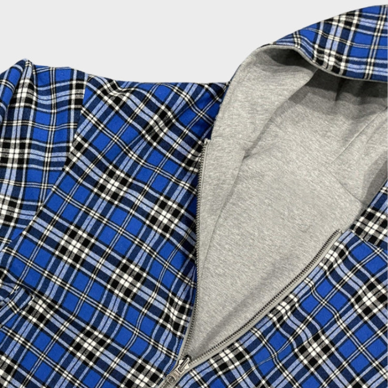 Men's reversible zipper hoodie, oversized fit. Shows a solid color side & a contrasting checked pattern side.