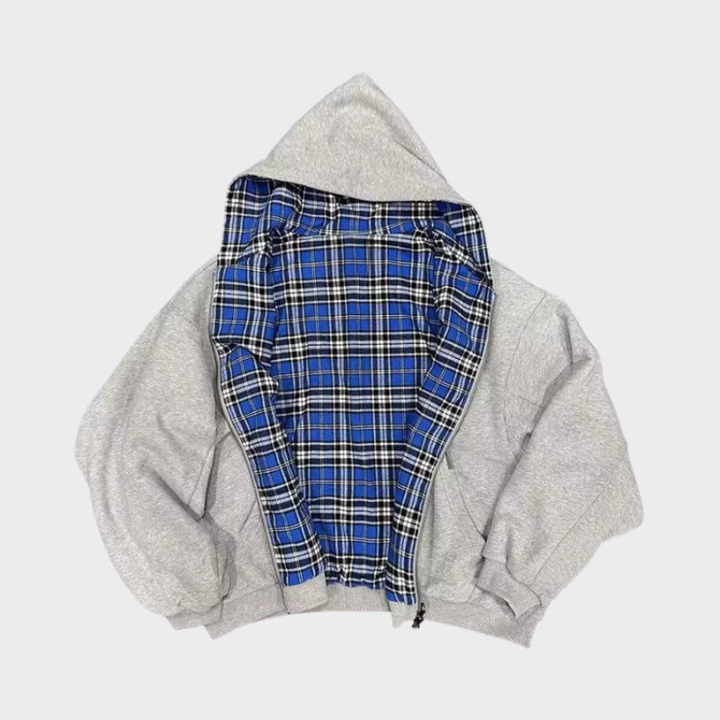 Fashionable Josh men's oversized reversible hoodie. One side is solid, the other features a stylish checked pattern.