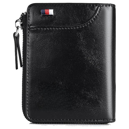 Men's RFID blocking zipper wallet in khaki. Secure multi card holder & compact leather billfold for daily use.