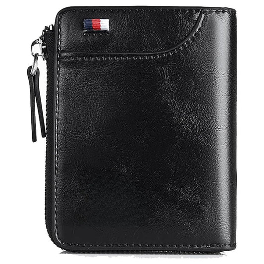Men's RFID blocking zipper wallet in khaki. Secure multi card holder & compact leather billfold for daily use.