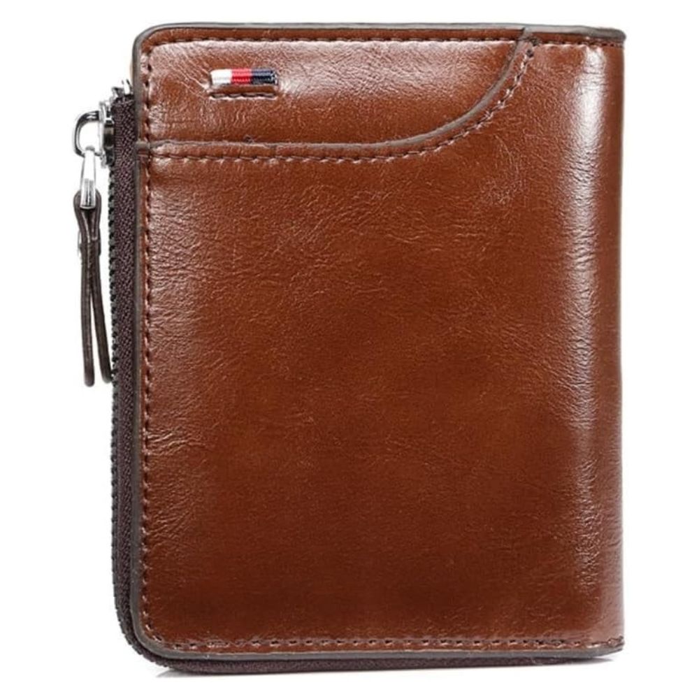 Brown leather men's RFID blocking wallet with zipper. Multi card credit card holder for secure, compact carry.
