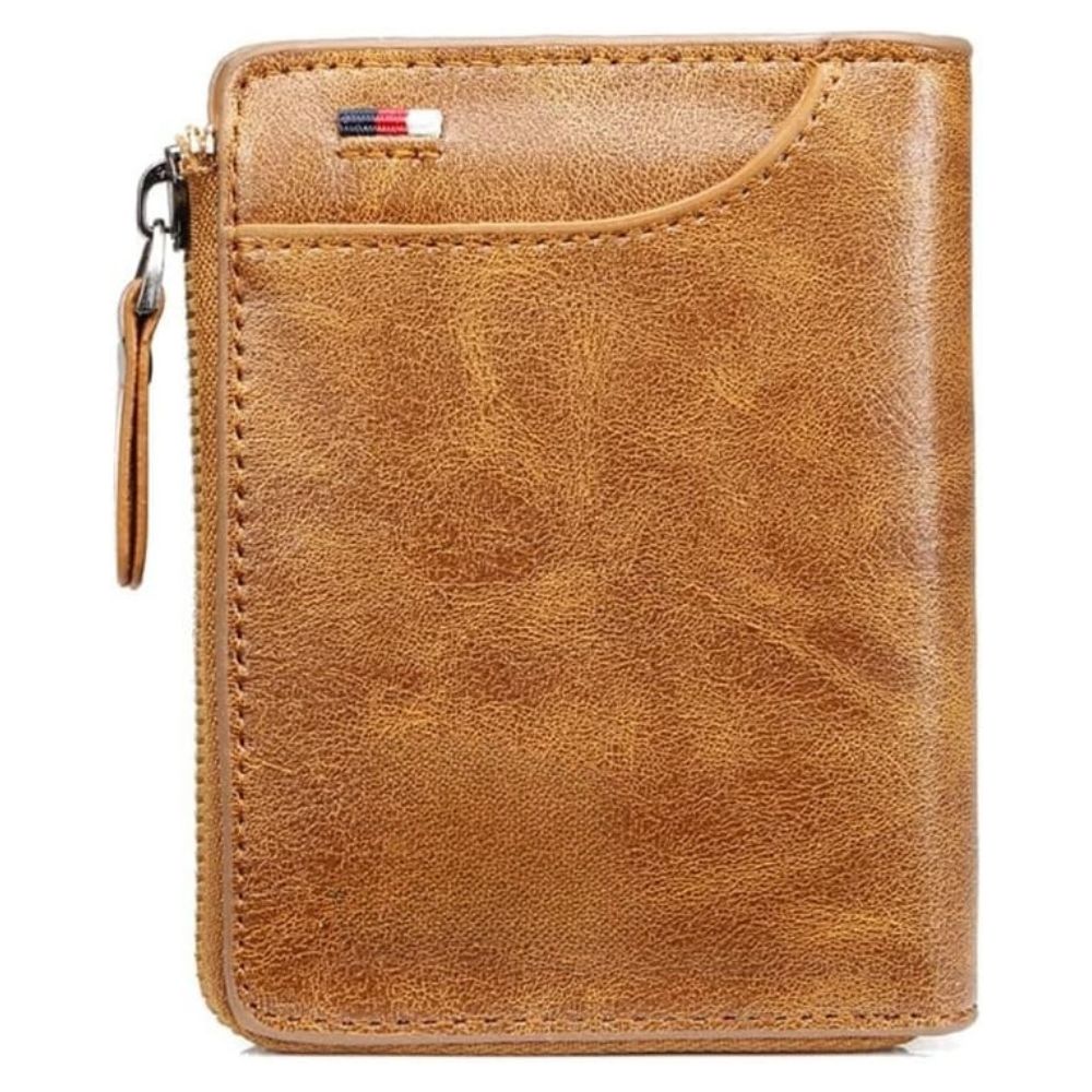 Black vintage men's RFID blocking zipper wallet. Secure multi credit card holder, compact leather billfold.