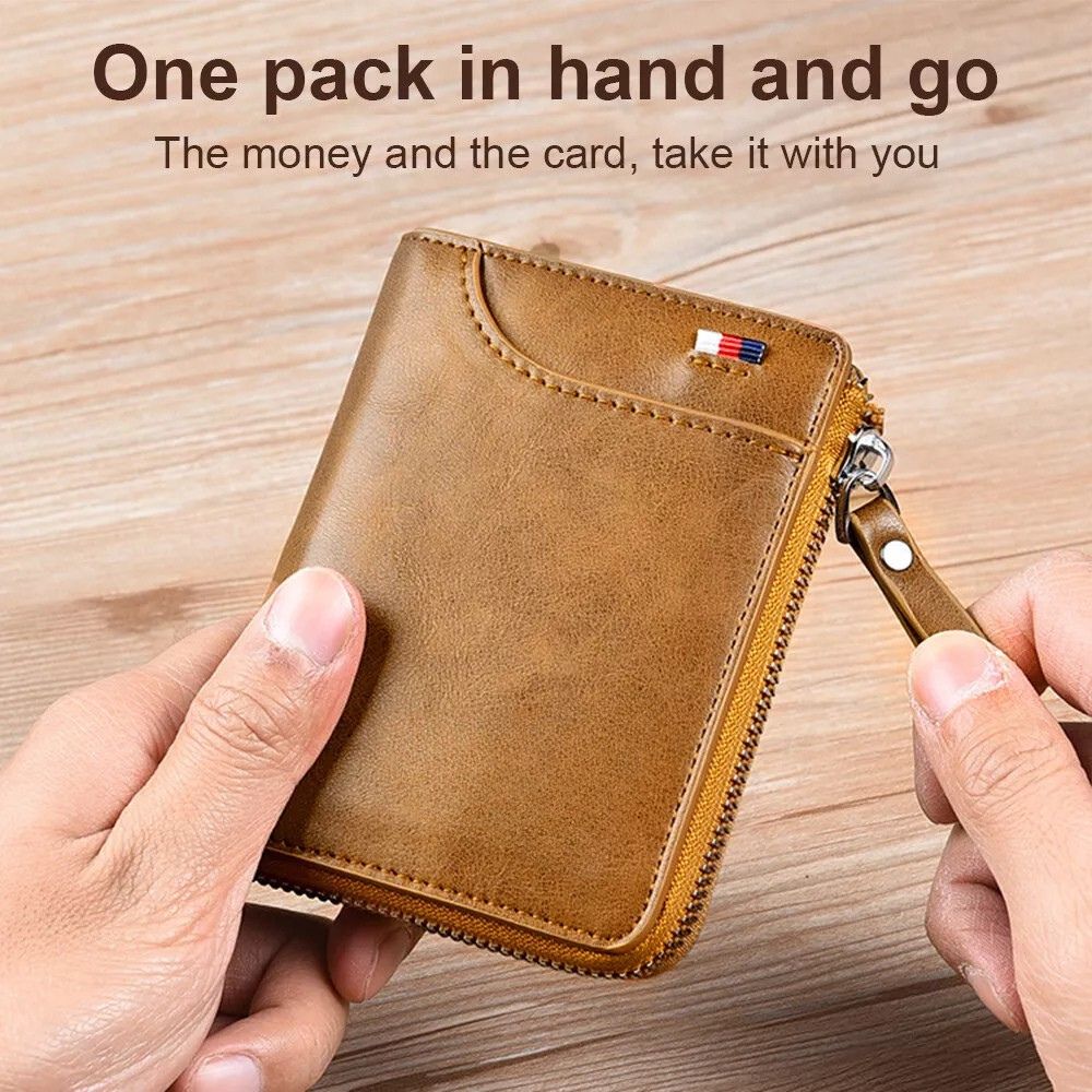 Secure men's RFID blocking zipper wallet. Khaki multi card holder for credit cards, bills; compact leather design.