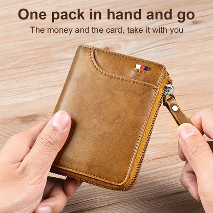 Secure men's RFID blocking zipper wallet. Khaki multi card holder for credit cards, bills; compact leather design.
