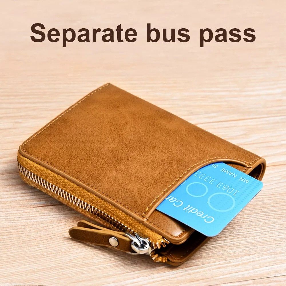 Khaki, brown, black men's RFID blocking zipper wallet. Multi card leather credit card holder for secure storage.