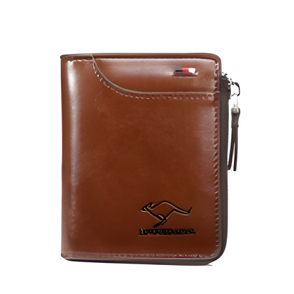 Khaki men's RFID blocking zipper wallet. Secure multi credit card holder & card case. PU leather, slim design.
