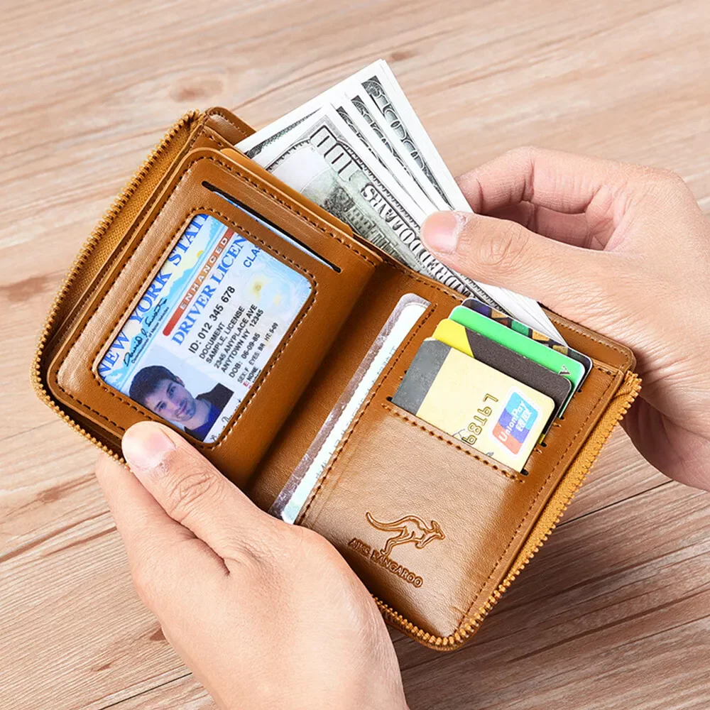 Brown men's slim PU leather zipper wallet with RFID blocking. Secure multi credit card holder for daily use.