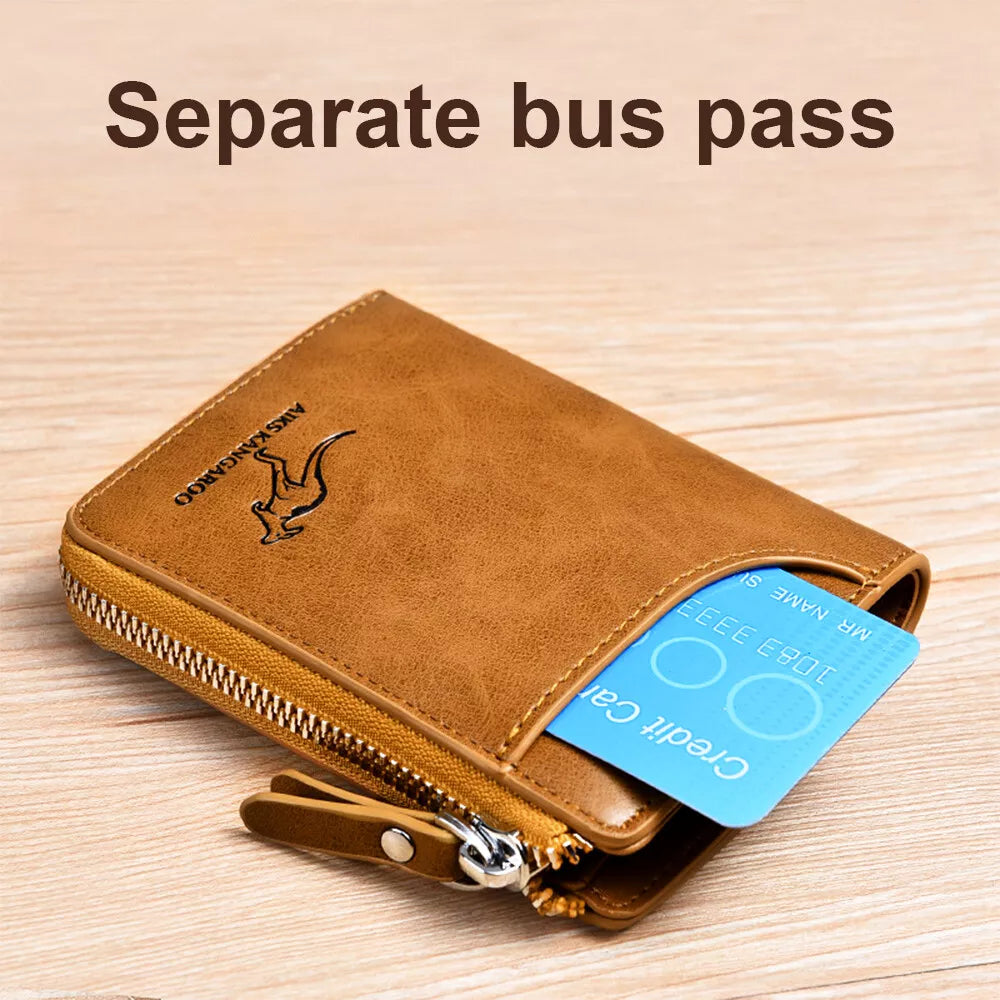 Secure men's RFID blocking credit card holder. Zipper wallet in durable PU leather for multiple cards, slim profile.