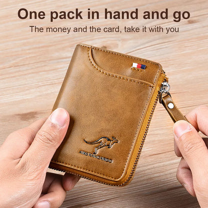 Compact men's RFID blocking zipper wallet. Multi credit card holder, secure PU leather card case. Black, brown, khaki.