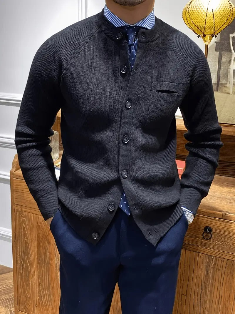 Men's ribbed button-front cardigan sweater, a versatile layering piece for all-season fashion.
