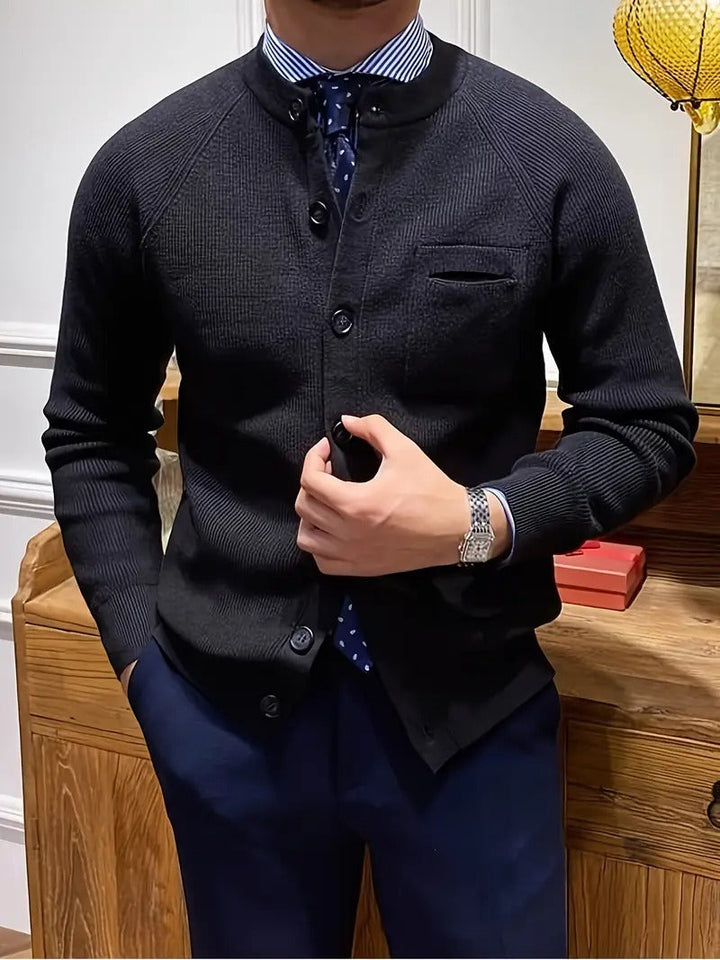 Stylish men's ribbed cardigan sweater with button-front closure, perfect for casual or smart-casual looks.