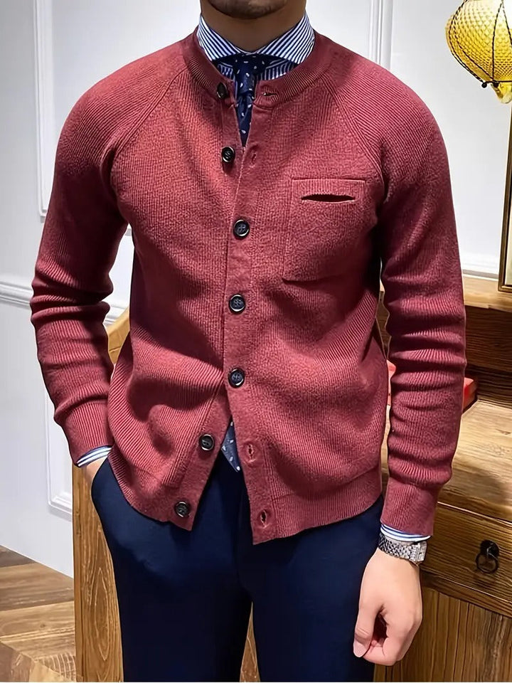 Close-up of a men's button-front ribbed cardigan, highlighting the texture and quality design.