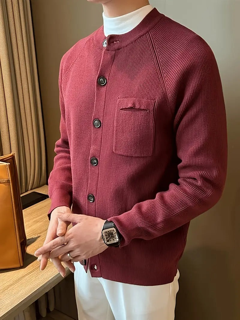 Versatile men's ribbed knit cardigan sweater, featuring a practical button-front for easy layering and comfort.