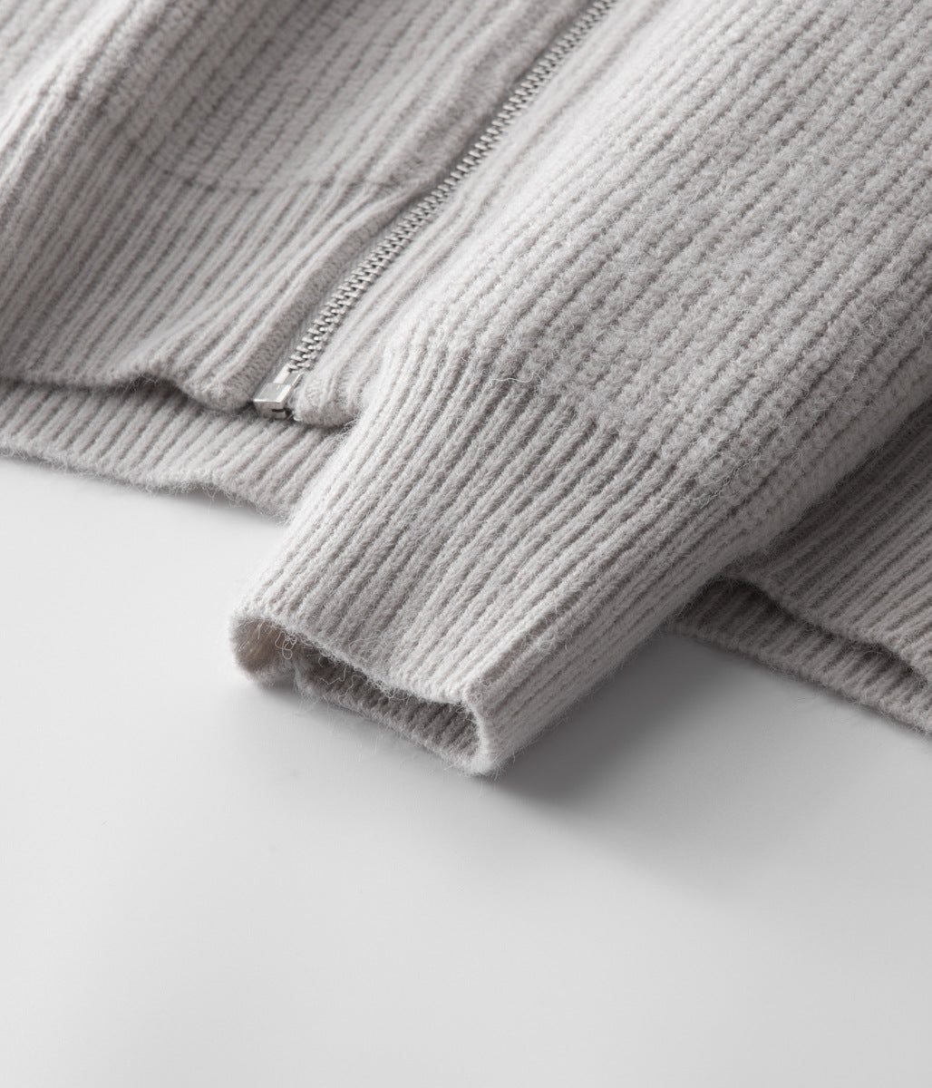Business casual men's ribbed funnel neck zip cardigan, a comfortable and stylish layering jacket.