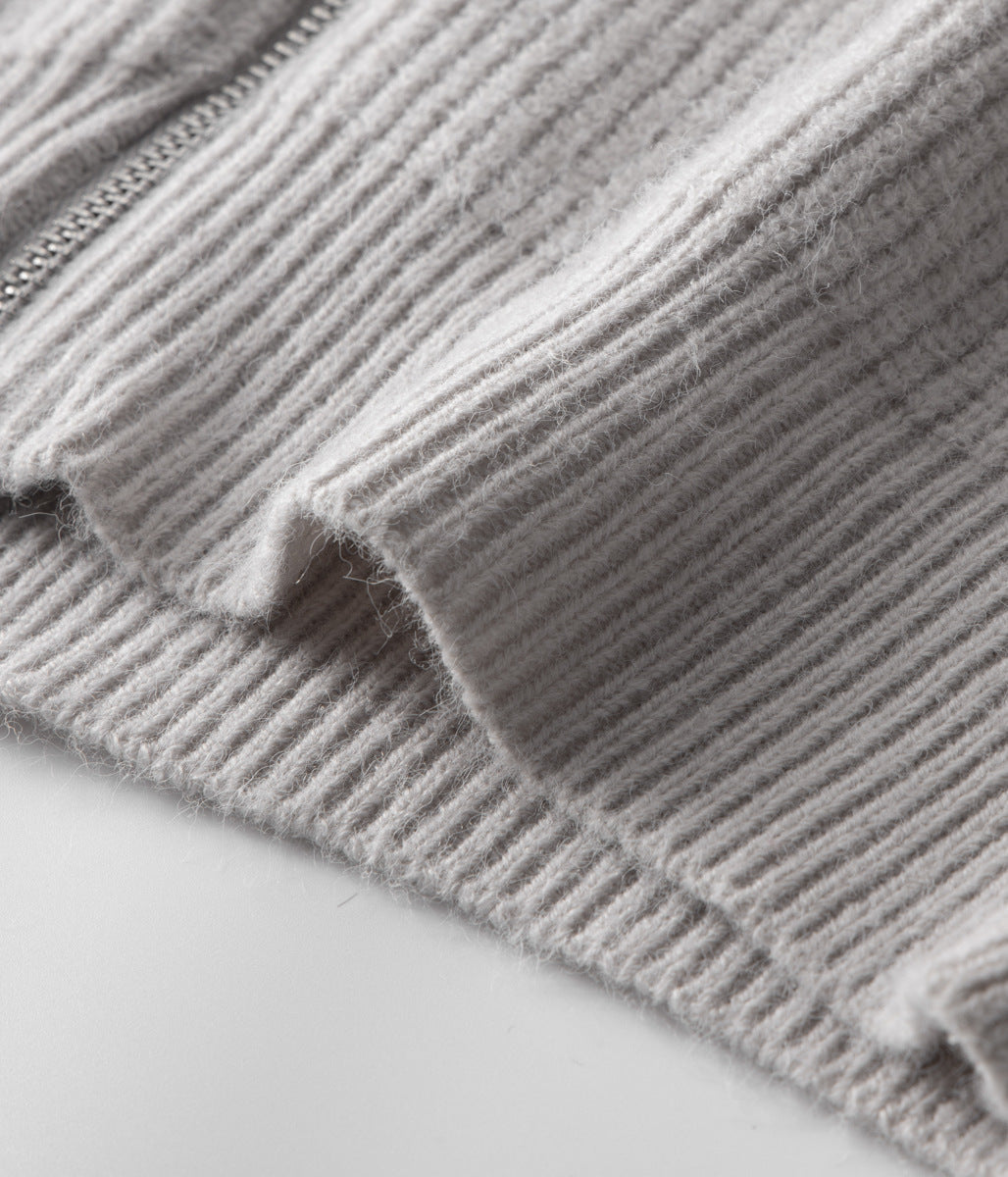 Smart casual men's ribbed zip-up cardigan with funnel neck, design for elevated versatile style.