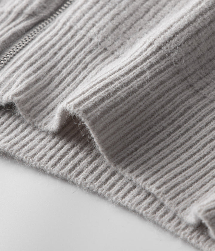 Smart casual men's ribbed zip-up cardigan with funnel neck, design for elevated versatile style.