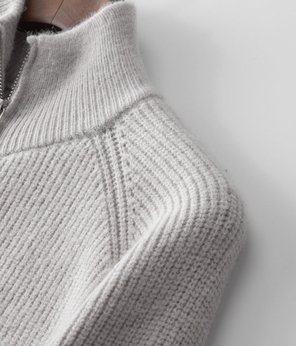 Comfortable & stylish men's ribbed funnel neck zip cardigan, perfect for versatile all-season wear.